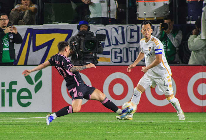 Lionel Messi pictured (left) shooting to score a late equalizer for Inter Miami in a 1-1 draw at Los Angeles Galaxy in the MLS in February 2024